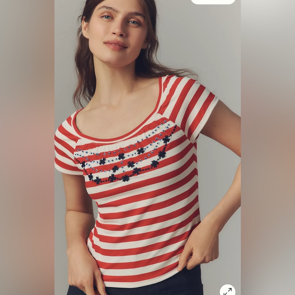 Maeve Anthropologie Embroidered Flowers Red White Striped Scoop Neck Tee XS NEW